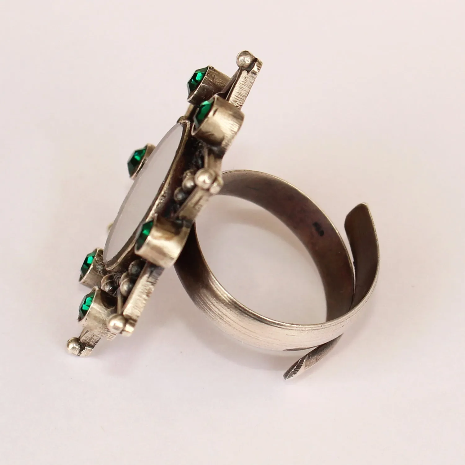 925 Silver Antique Look Green Adjustable Ring With Mirror