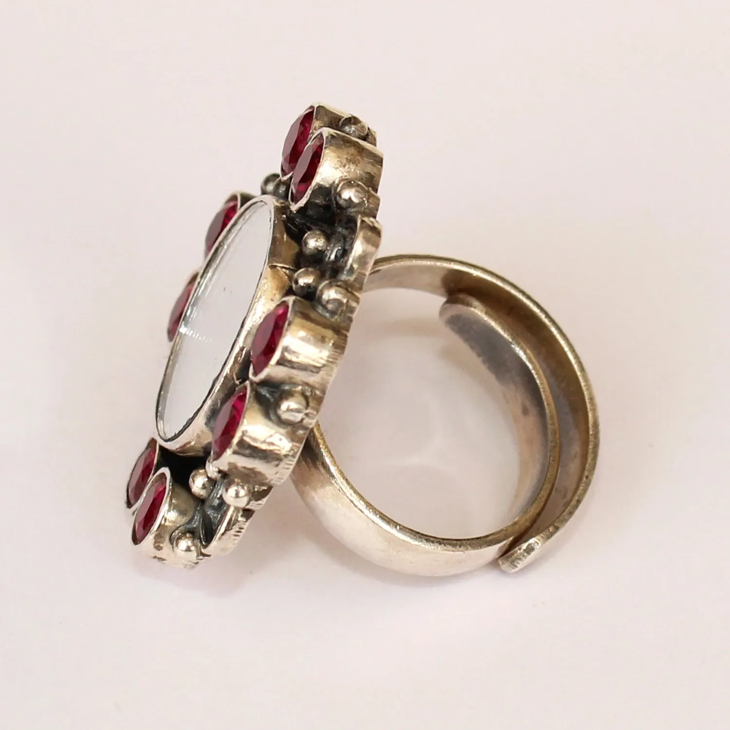 925 Silver Antique Look Ruby Red Adjustable Ring With Mirror