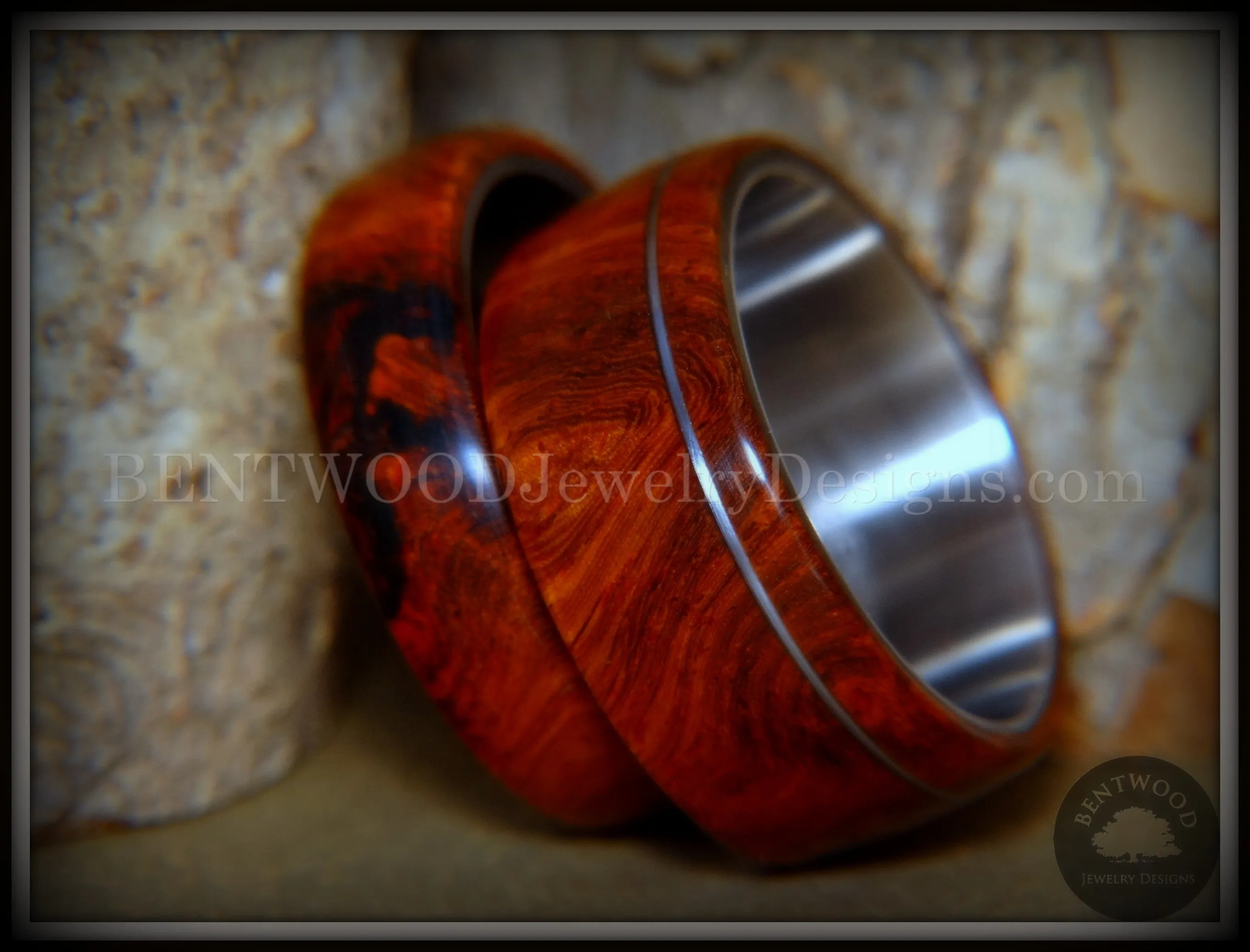 Bentwood Rings - Amboyna Burl Wooden Rings with Stainless Steel Inlay on Surgical Steel Cores