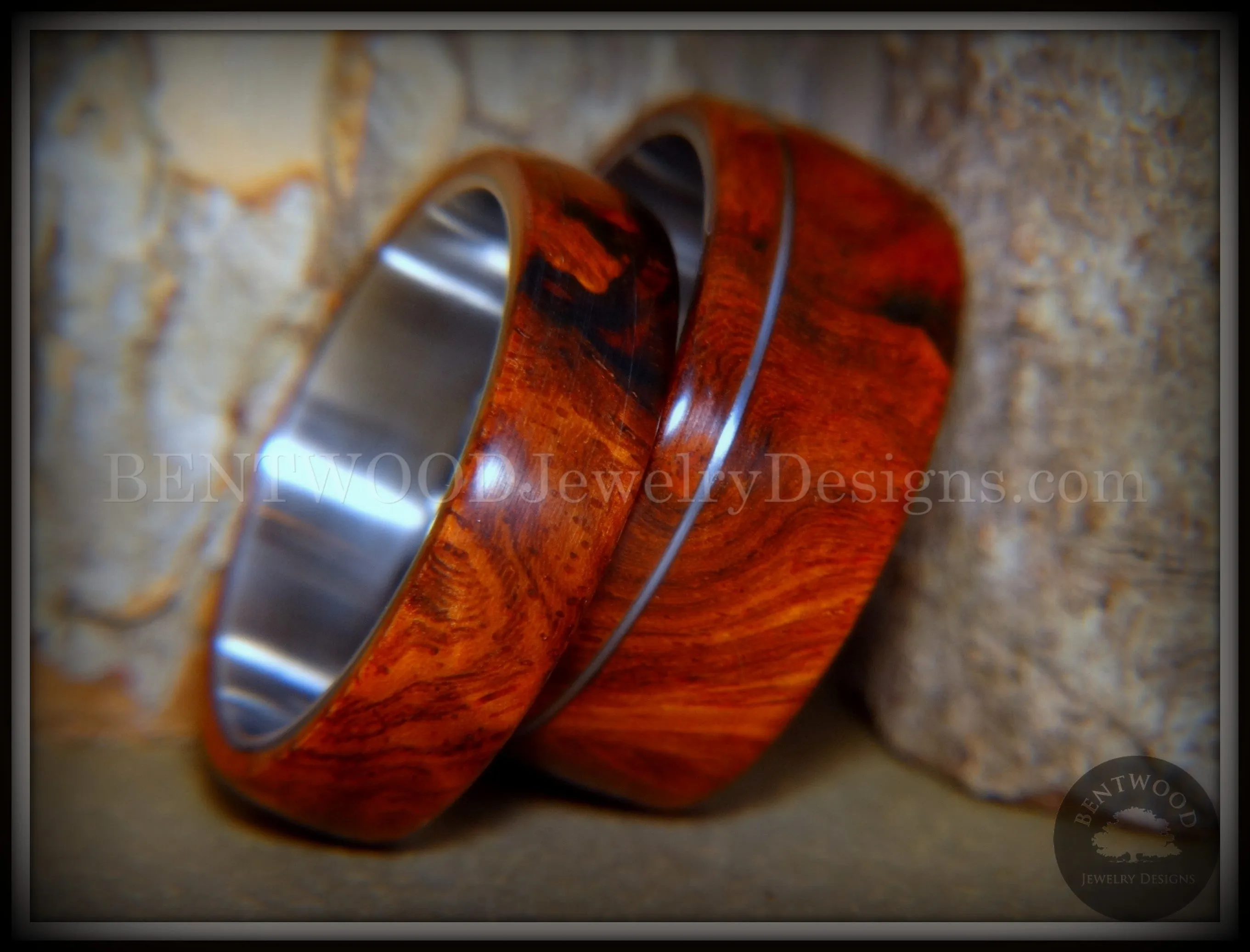Bentwood Rings - Amboyna Burl Wooden Rings with Stainless Steel Inlay on Surgical Steel Cores
