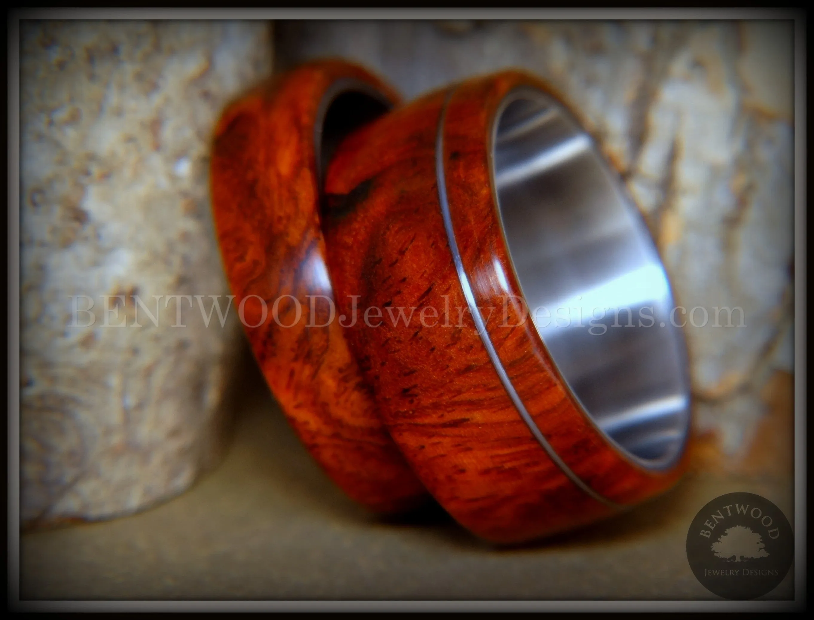 Bentwood Rings - Amboyna Burl Wooden Rings with Stainless Steel Inlay on Surgical Steel Cores