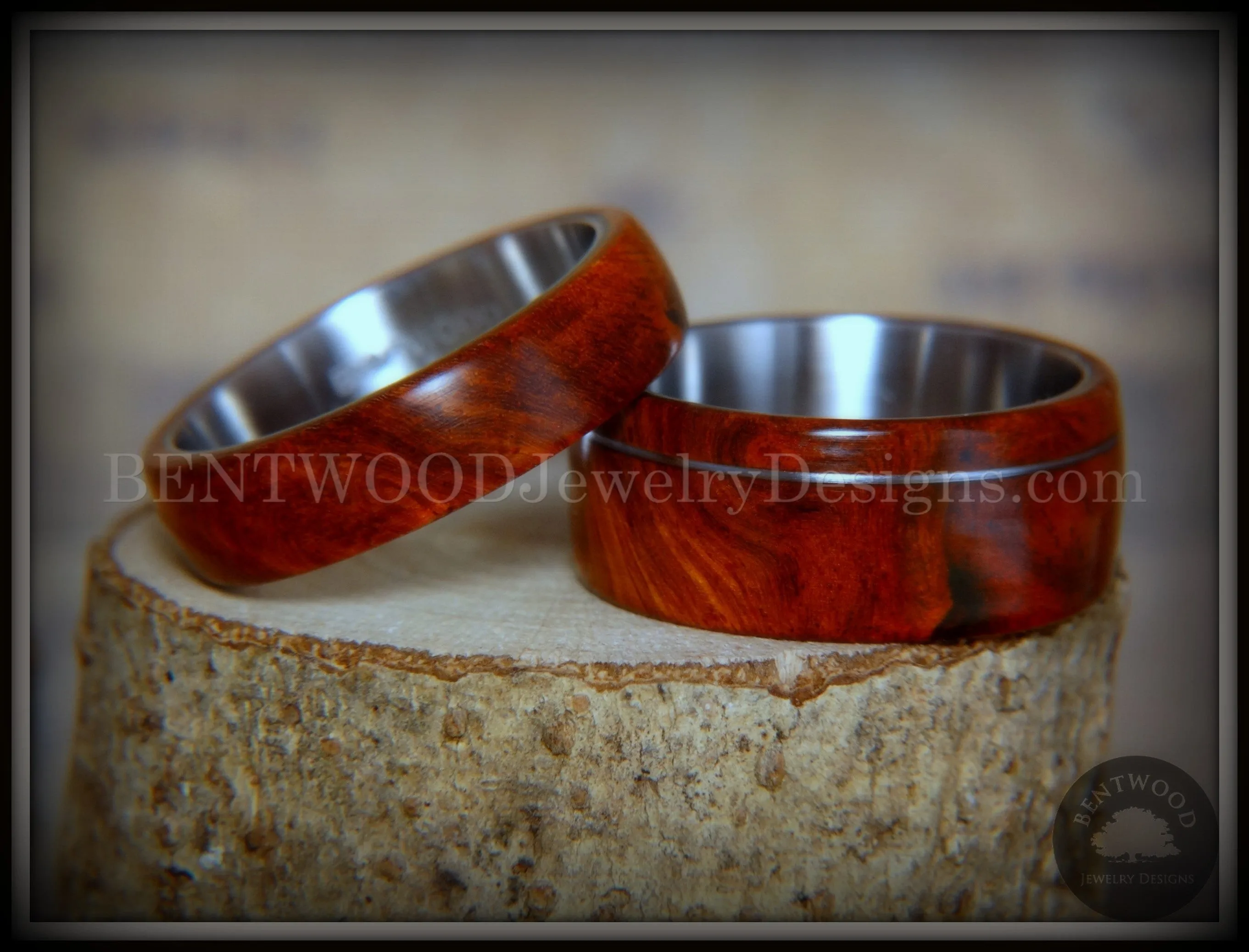 Bentwood Rings - Amboyna Burl Wooden Rings with Stainless Steel Inlay on Surgical Steel Cores