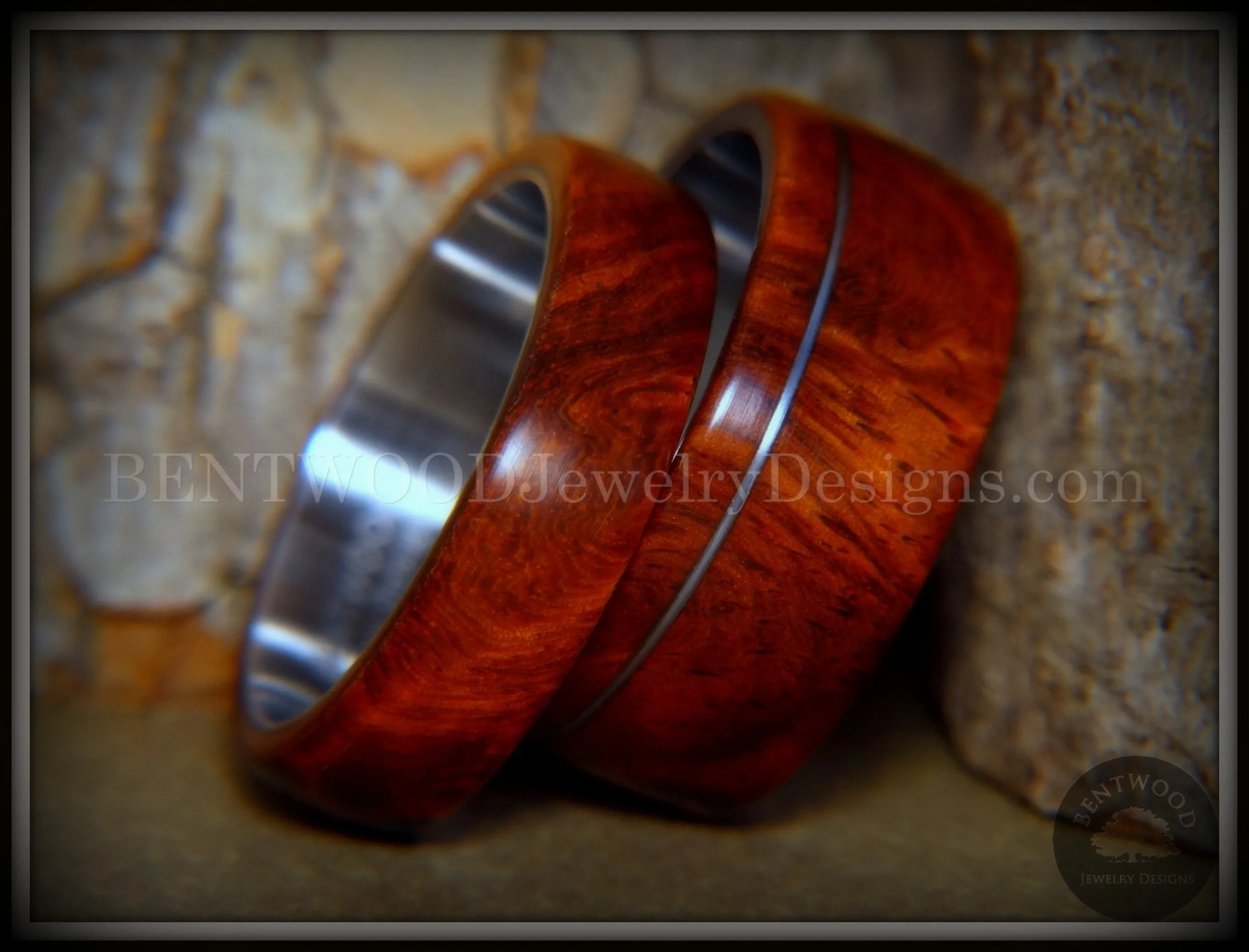 Bentwood Rings - Amboyna Burl Wooden Rings with Stainless Steel Inlay on Surgical Steel Cores