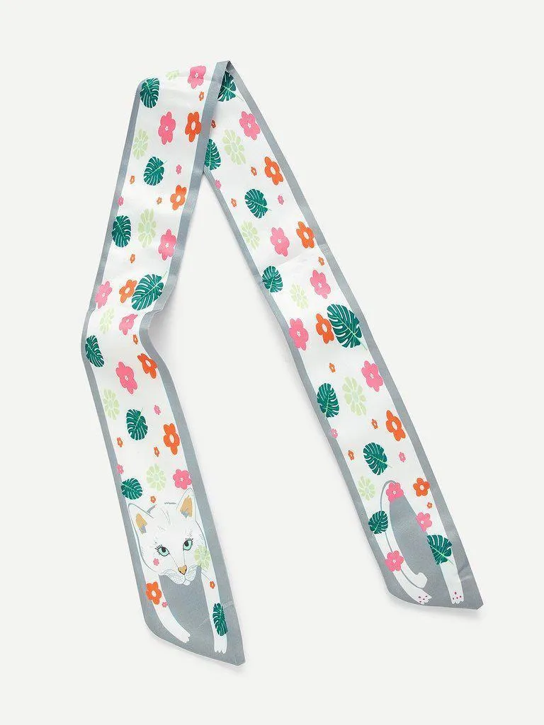 Flower & Cat Print Skinny Scarf