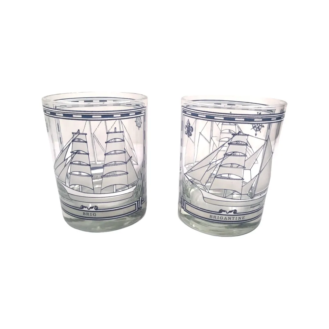 Georges Briard Signed Mid-Century Blue and White Ships Double Old Fashion Glasses (Set of 2)