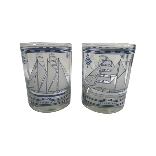 Georges Briard Signed Mid-Century Blue and White Ships Double Old Fashion Glasses (Set of 2)