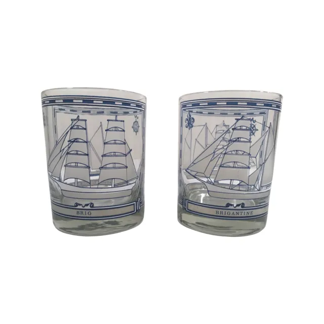 Georges Briard Signed Mid-Century Blue and White Ships Double Old Fashion Glasses (Set of 2)