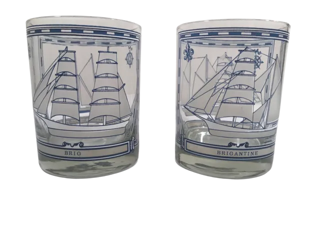 Georges Briard Signed Mid-Century Blue and White Ships Double Old Fashion Glasses (Set of 2)