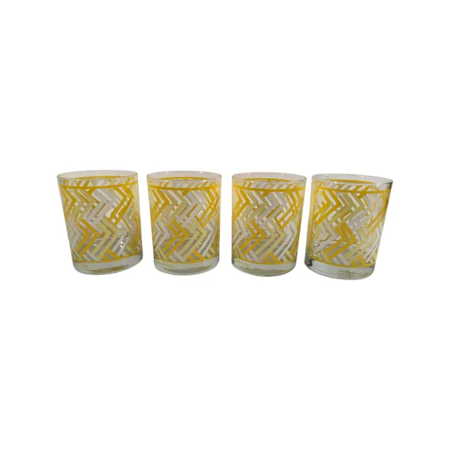 Georges Briard Signed Mid-Century Yellow Chevron Double Old Fashion Glasses (Set of 4)