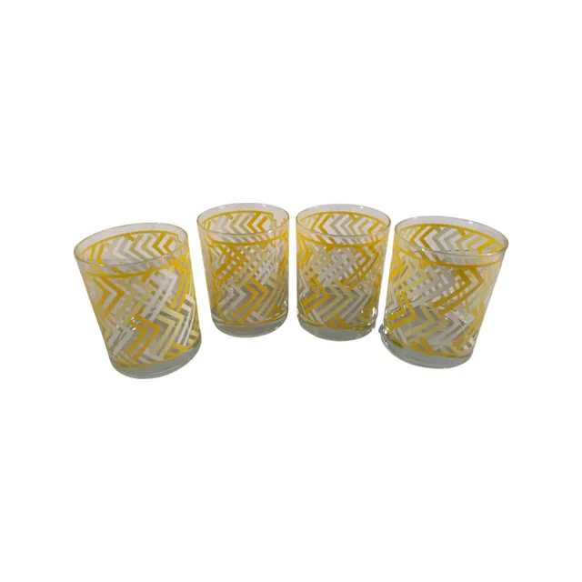 Georges Briard Signed Mid-Century Yellow Chevron Double Old Fashion Glasses (Set of 4)