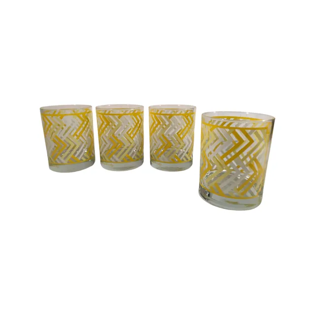 Georges Briard Signed Mid-Century Yellow Chevron Double Old Fashion Glasses (Set of 4)