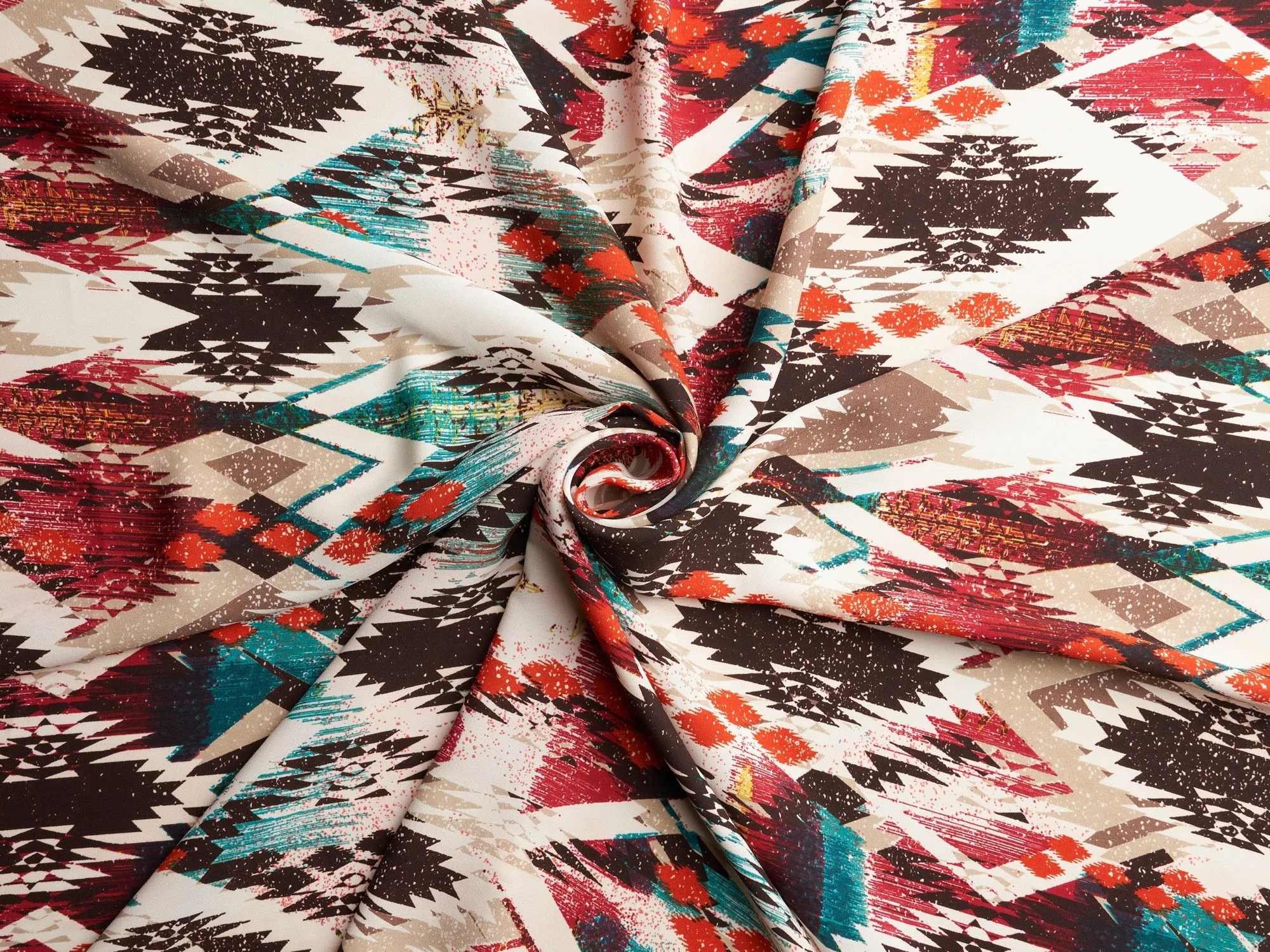 Georgette  boho tribal fabric by the yard - Orange brown teal tribal Aztec