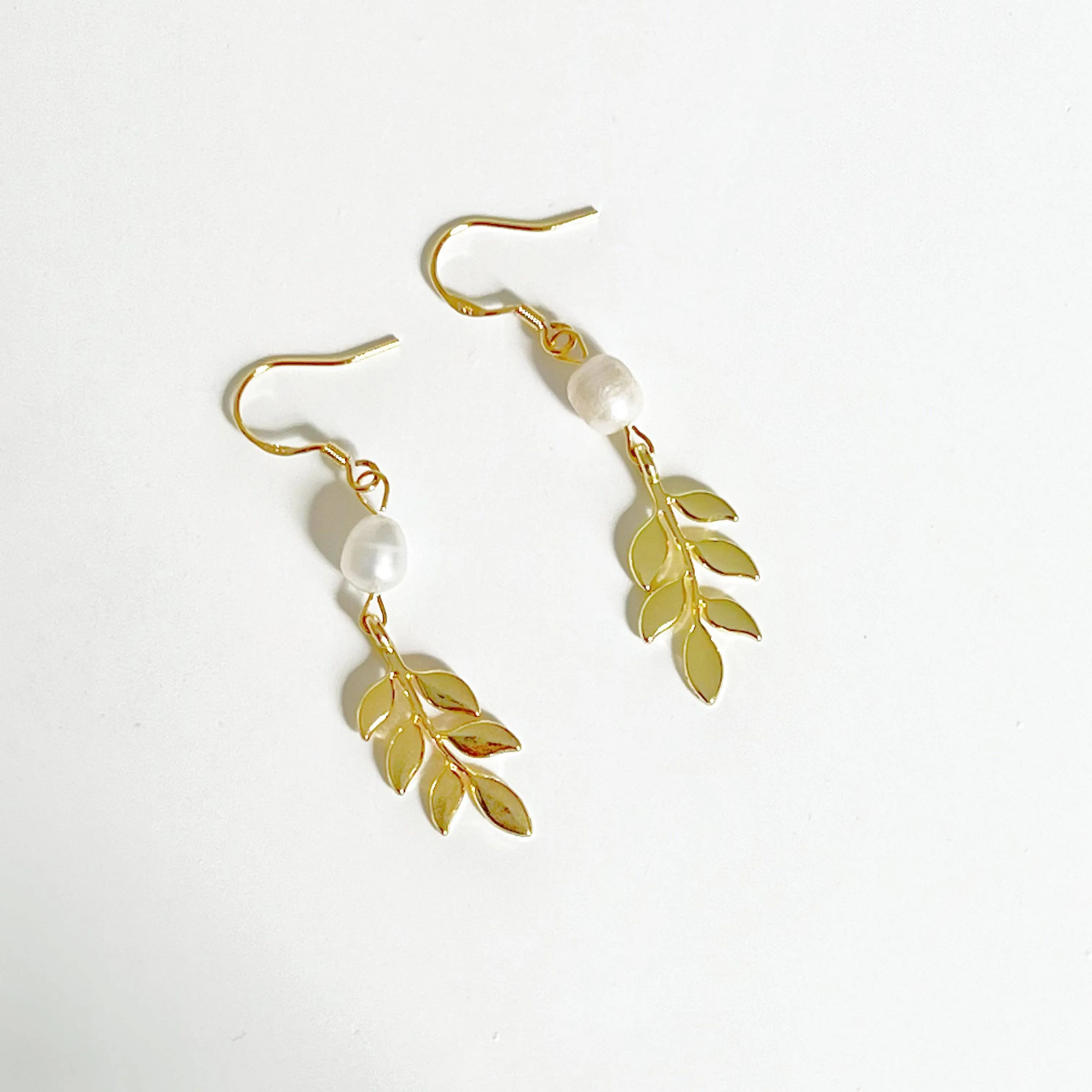 Ninaouity - Gold Willow Leaf and Freshwater Pearl Earrings