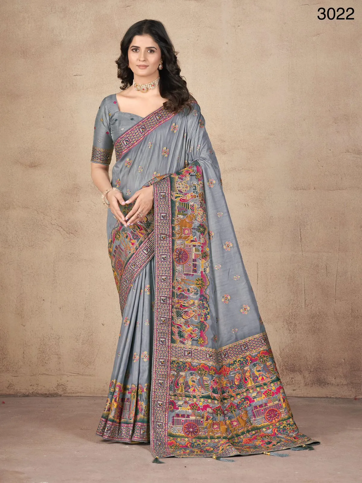 Women's Designer Party Wear Grey Tone Pashmina Silk with Khatali Handwork Saree