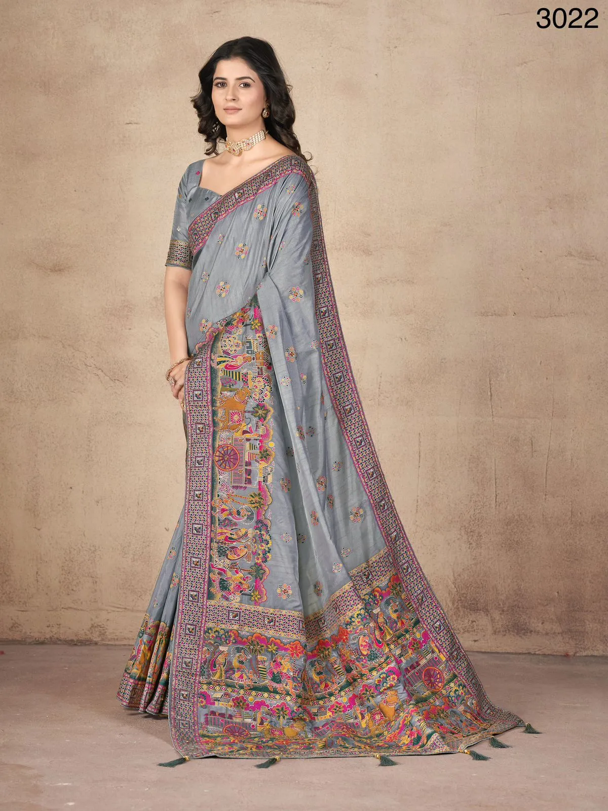 Women's Designer Party Wear Grey Tone Pashmina Silk with Khatali Handwork Saree