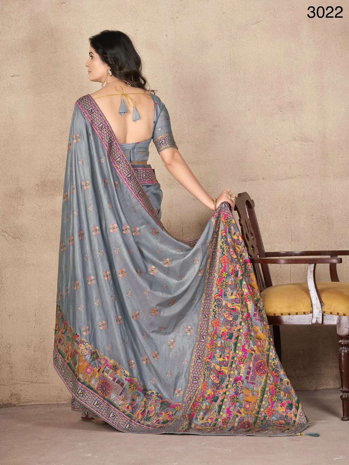 Women's Designer Party Wear Grey Tone Pashmina Silk with Khatali Handwork Saree