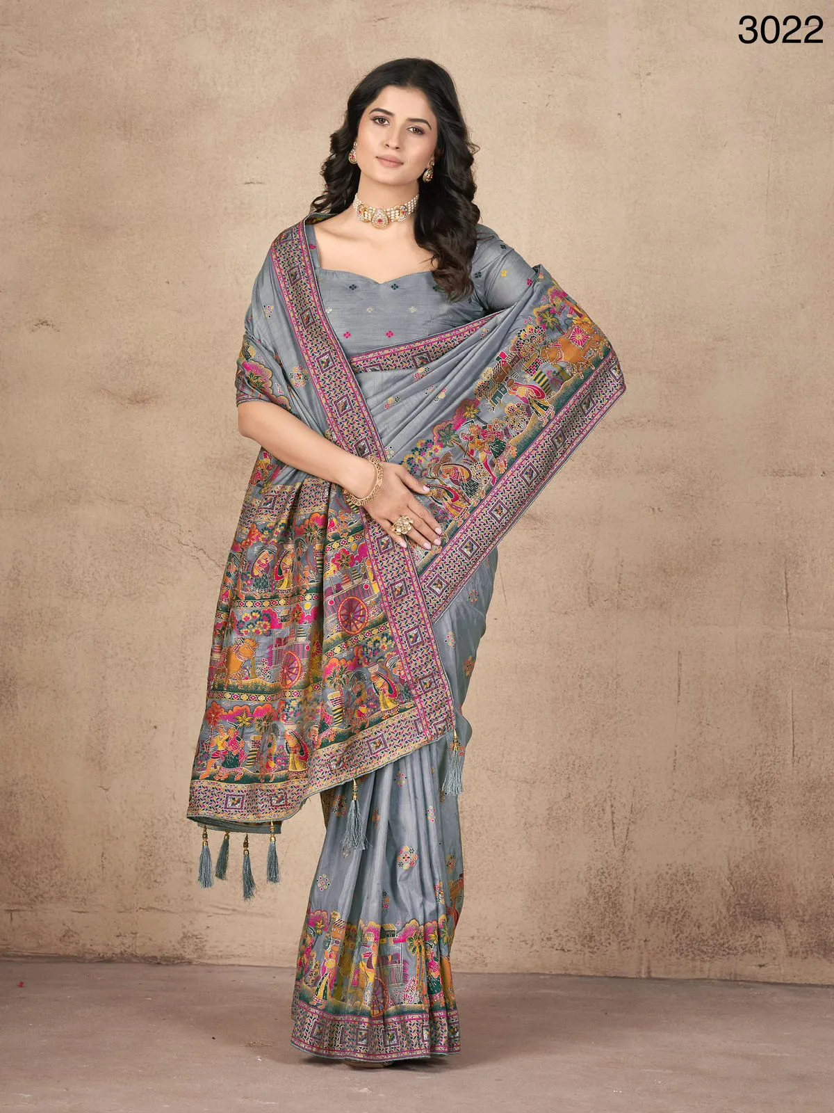 Women's Designer Party Wear Grey Tone Pashmina Silk with Khatali Handwork Saree