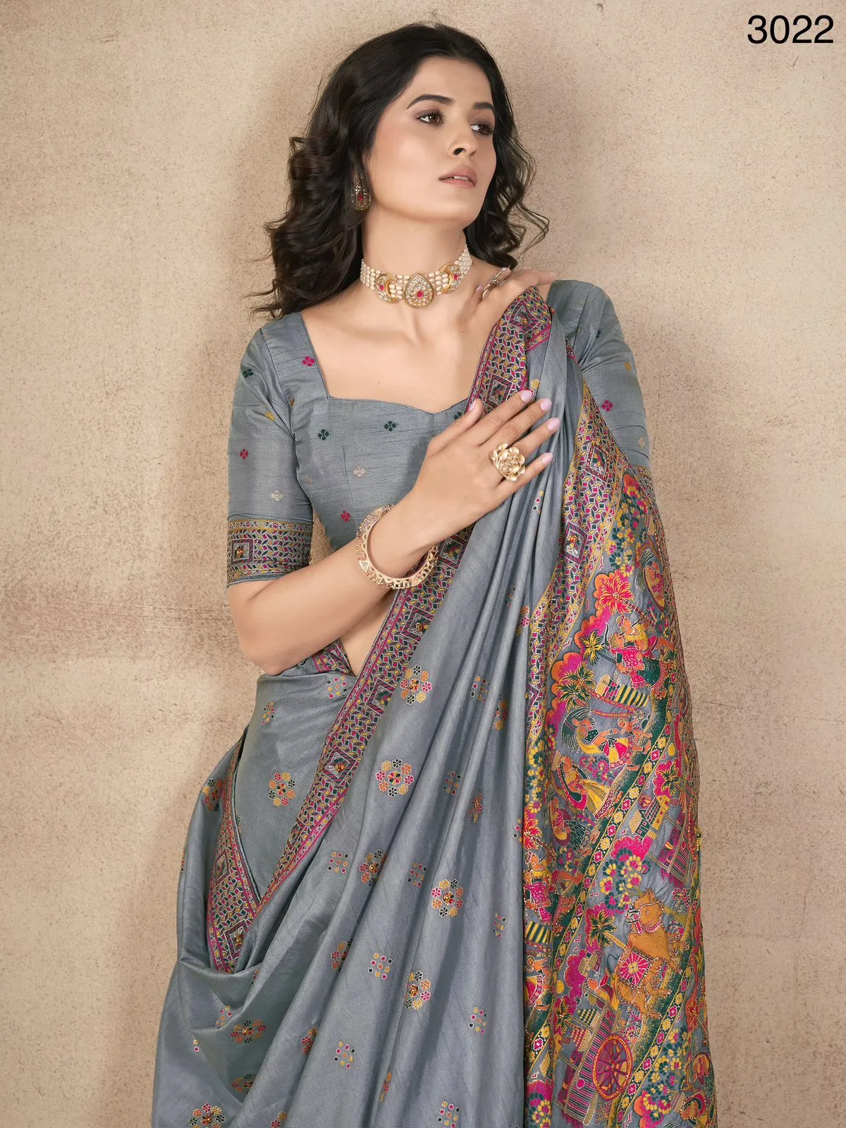 Women's Designer Party Wear Grey Tone Pashmina Silk with Khatali Handwork Saree